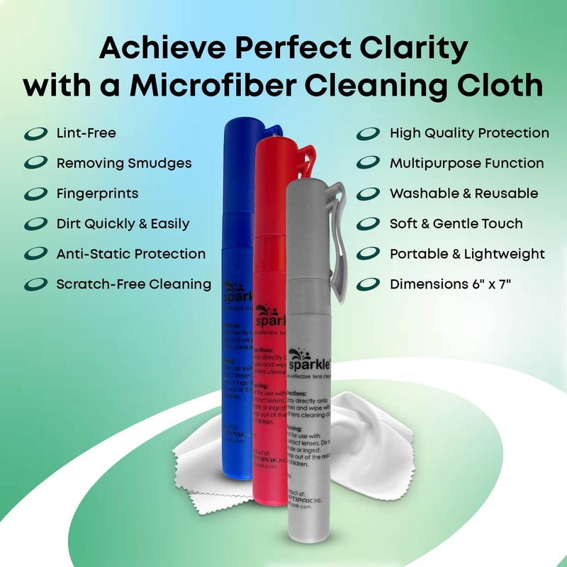 OPTIPAK Sparkle Anti-Reflective Safe Pen Lens Cleaner Spray kit - (3) 0.3oz Glasses Cleaner Pen Spray & (2) Microfiber Cloth for Eyeglasses, Sunglasses, Lenses, Screens and Camera Cleaning Kit (5 Piece Set) - Image 4